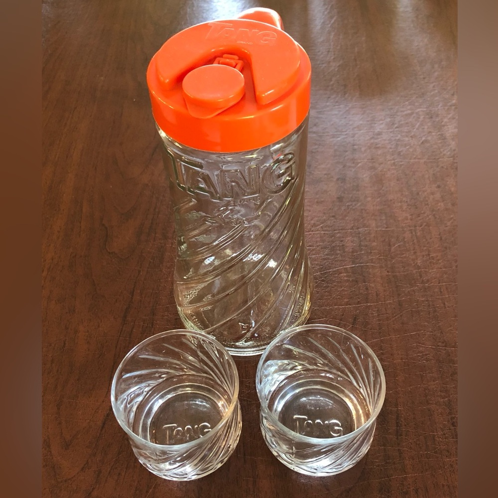 Vintage (1970s) TANG Pitcher with Orange Lid and 2 Glasses